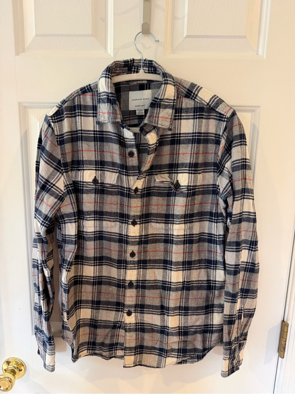 American Eagle Outfitters White Navy Plaid Button-Down Shirt with Red Accents